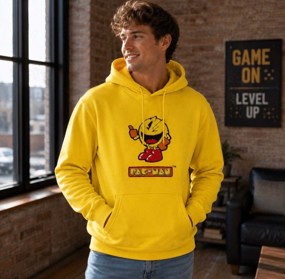 Pac-Man Yellow Hoodie Men’s Med Embroidered Chenille Graphic Retro Gaming